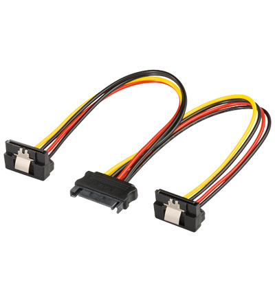 SATA Strom-Verteilerkabel 1x SATA 15-polig Buchse / 2x SATA 15-polig Stecker gewinkelt 90°, 15cm SATA Strom-Verteilerkabel 1x SATA 15-polig Buchse / 2x SATA 15-polig Stecker gewinkelt 90°, 15cm