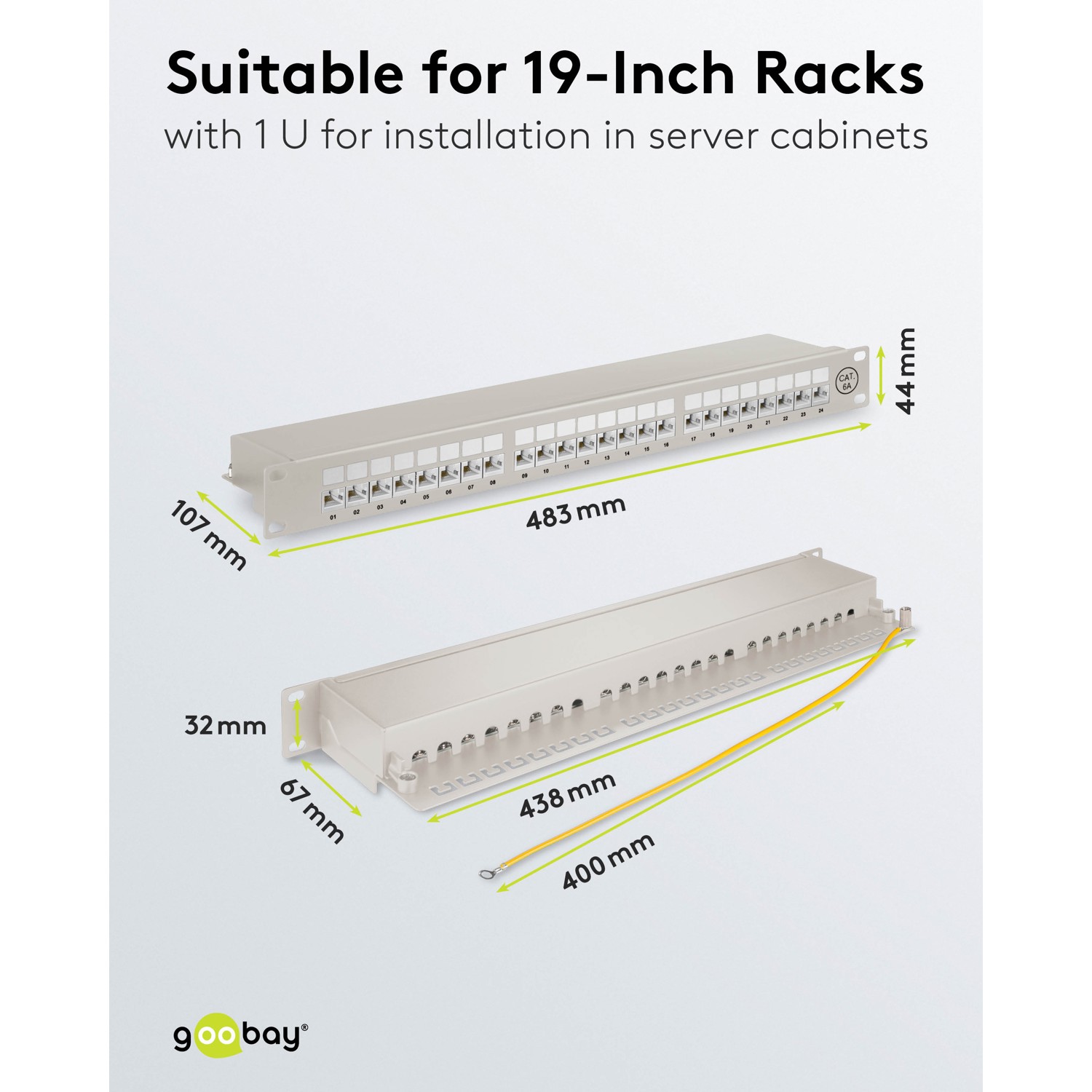 Patch Panel 24-Port RJ-45 CAT-6A  für 19" Industrie-Gehäuse / 1HE, hellgrau