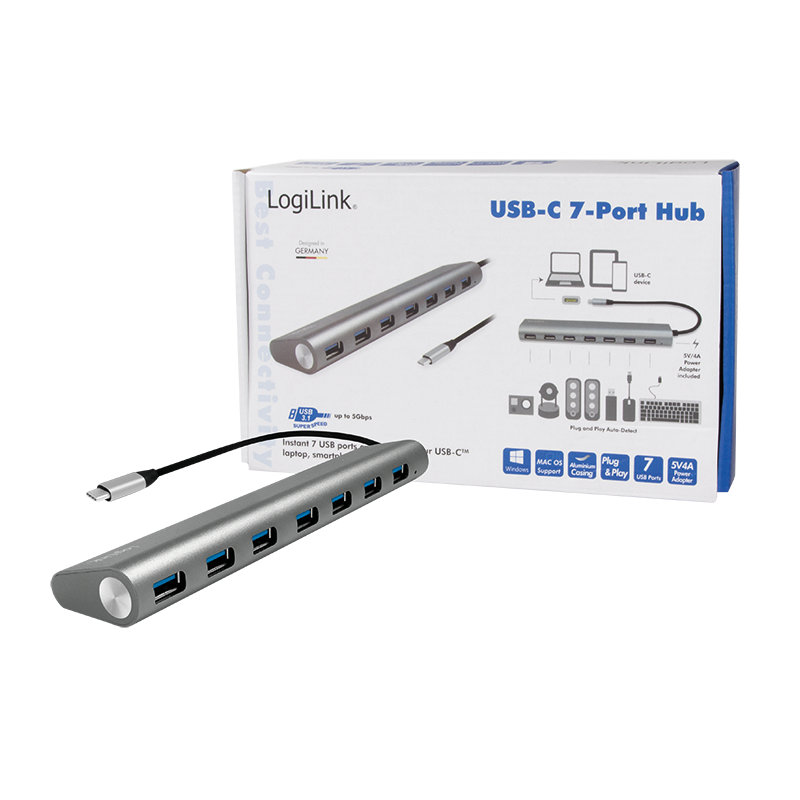 USB C Hub 7-Port - USB 3.1 Typ C-Stecker > 7x USB 3.0 A-Buchse, Alu-grau USB C Hub 7-Port - USB 3.1 Typ C-Stecker > 7x USB 3.0 A-Buchse, Alu-grau