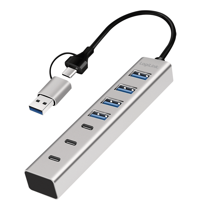 USB C Hub 7-Port - USB 3.0 Typ C-Stecker > 4x USB 3.0 A-Buchse + 3x USB C-Buchse