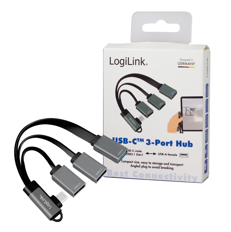 USB C Hub 3-Port - USB 3.1 Typ C-Stecker 90° > 2x USB 2.0 + 1x USB 3.0 A-Buchse