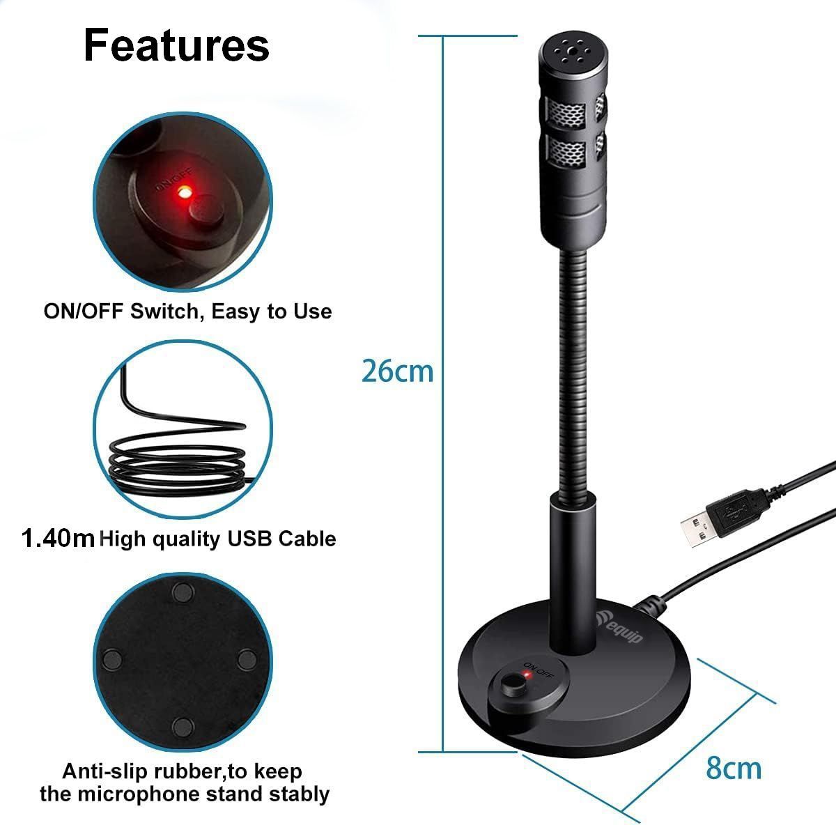 Equip Tischmikrofon mit Standfuss USB-A Stecker 1.20m, schwarz