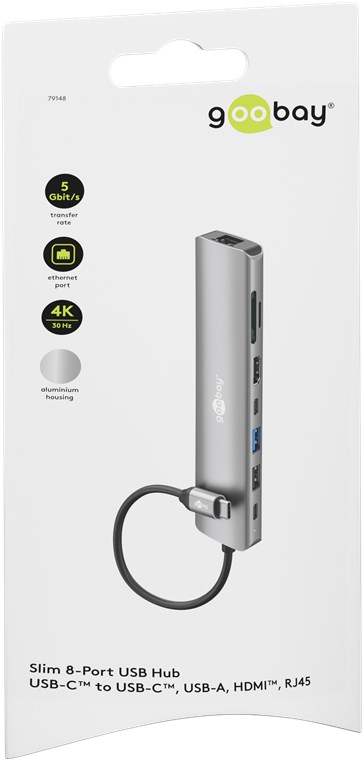 USB C Multiport-Adapter - USB 3.2 Typ C-Stecker > HDMI / 2xUSB-A / 2xUSB-C-PD / RJ45 / CR -Buchse, grau