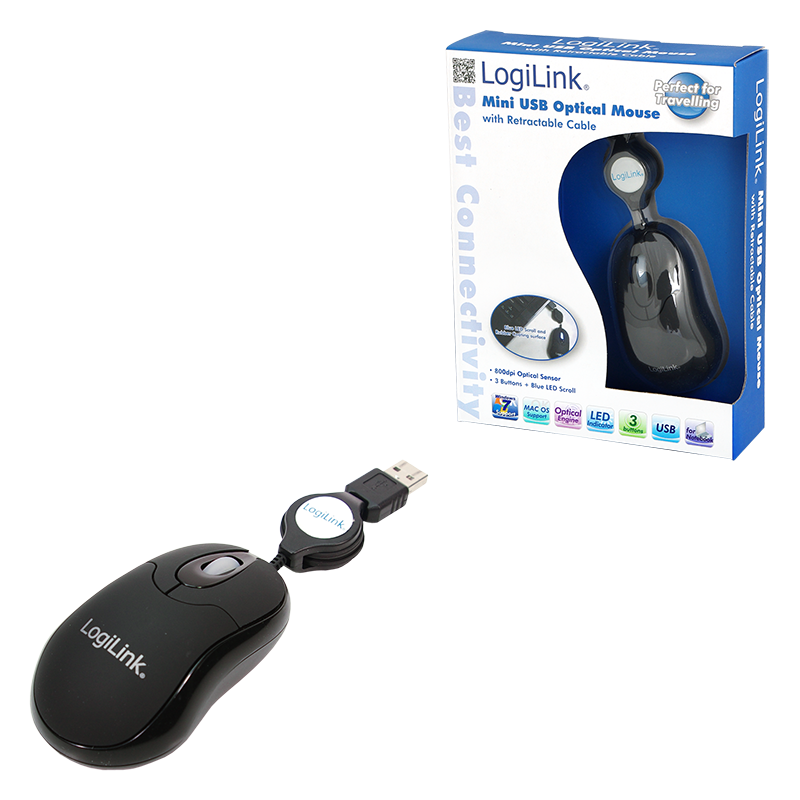 LogiLink Optical Mini-Mouse USB mit Kabeleinzug bel. Scrollrad, 3-Tasten, schwarz LogiLink Optical Mini-Mouse USB mit Kabeleinzug bel. Scrollrad, 3-Tasten, schwarz