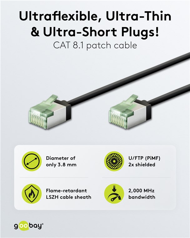 Netzwerk Patchkabel slim 0,25m schwarz Ultraflexibles Cat 8.1 U/FTP, extra kurze Stecker Netzwerk Patchkabel slim 0,25m schwarz Ultraflexibles Cat 8.1 U/FTP, extra kurze Stecker