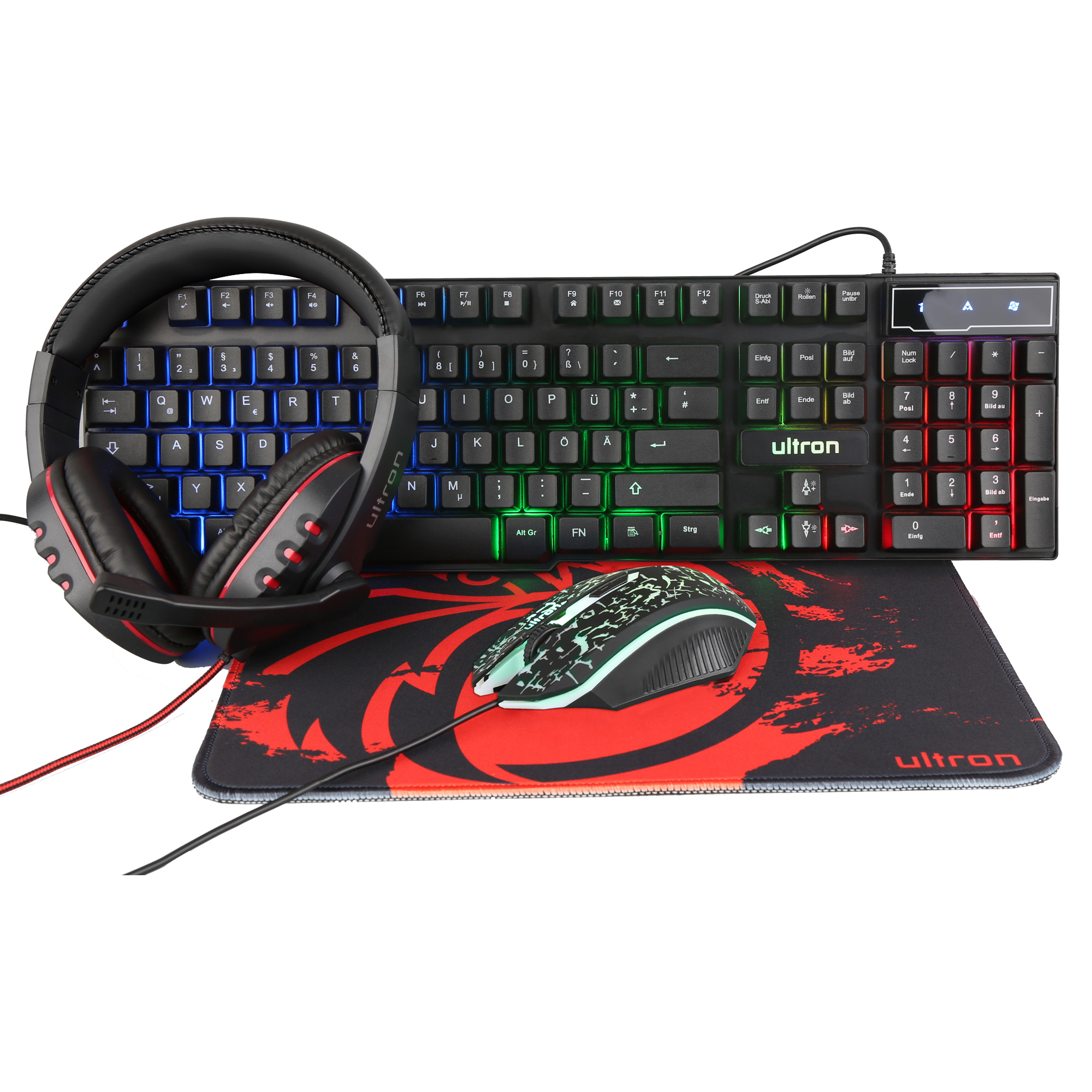 Ultron HAWK Gaming-Set aus Tastatur, Headset, Maus und Mauspad USB / 3,5mm Klinke, RGB, deutsch, schwarz Ultron HAWK Gaming-Set aus Tastatur, Headset, Maus und Mauspad USB / 3,5mm Klinke, RGB, deutsch, schwarz