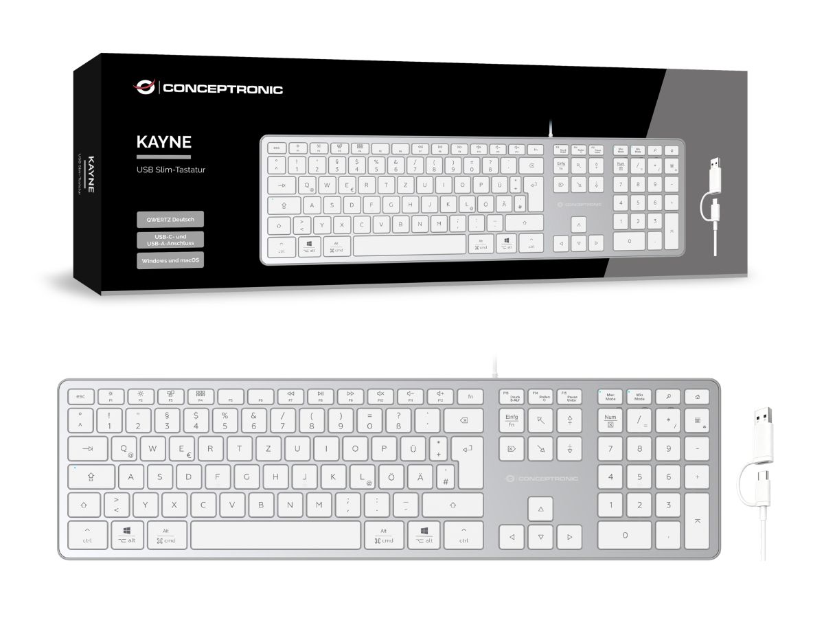 Conceptronic Tastatur slim USB-A/USB-C deutsch, silber/weiss