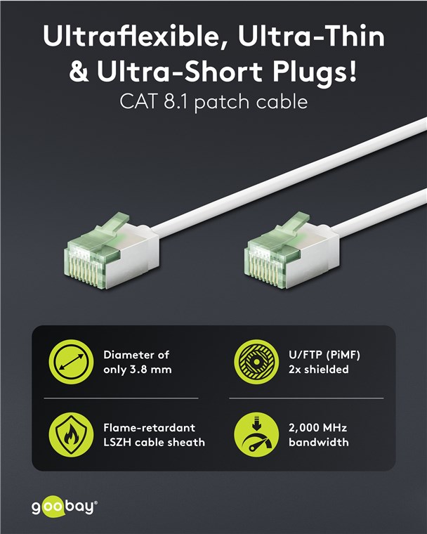 Netzwerk Patchkabel slim 0,25m weiß Ultraflexibles Cat 8.1 U/FTP, extra kurze Stecker Netzwerk Patchkabel slim 0,25m weiß Ultraflexibles Cat 8.1 U/FTP, extra kurze Stecker
