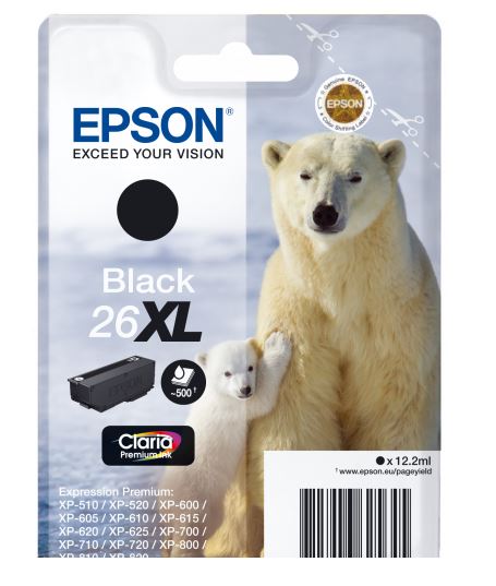 Epson T26XL Tintenpatrone (Eisbär), schwarz 12,2ml / 500 Seiten Epson T26XL Tintenpatrone (Eisbär), schwarz 12,2ml / 500 Seiten