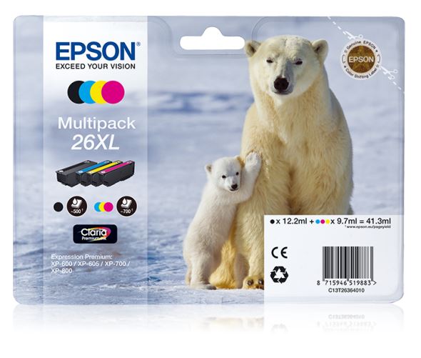 Epson T26XL Multipack Tinte (Eisbär), schwarz/cyan/magenta/gelb, 41,3ml Epson T26XL Multipack Tinte (Eisbär), schwarz/cyan/magenta/gelb, 41,3ml