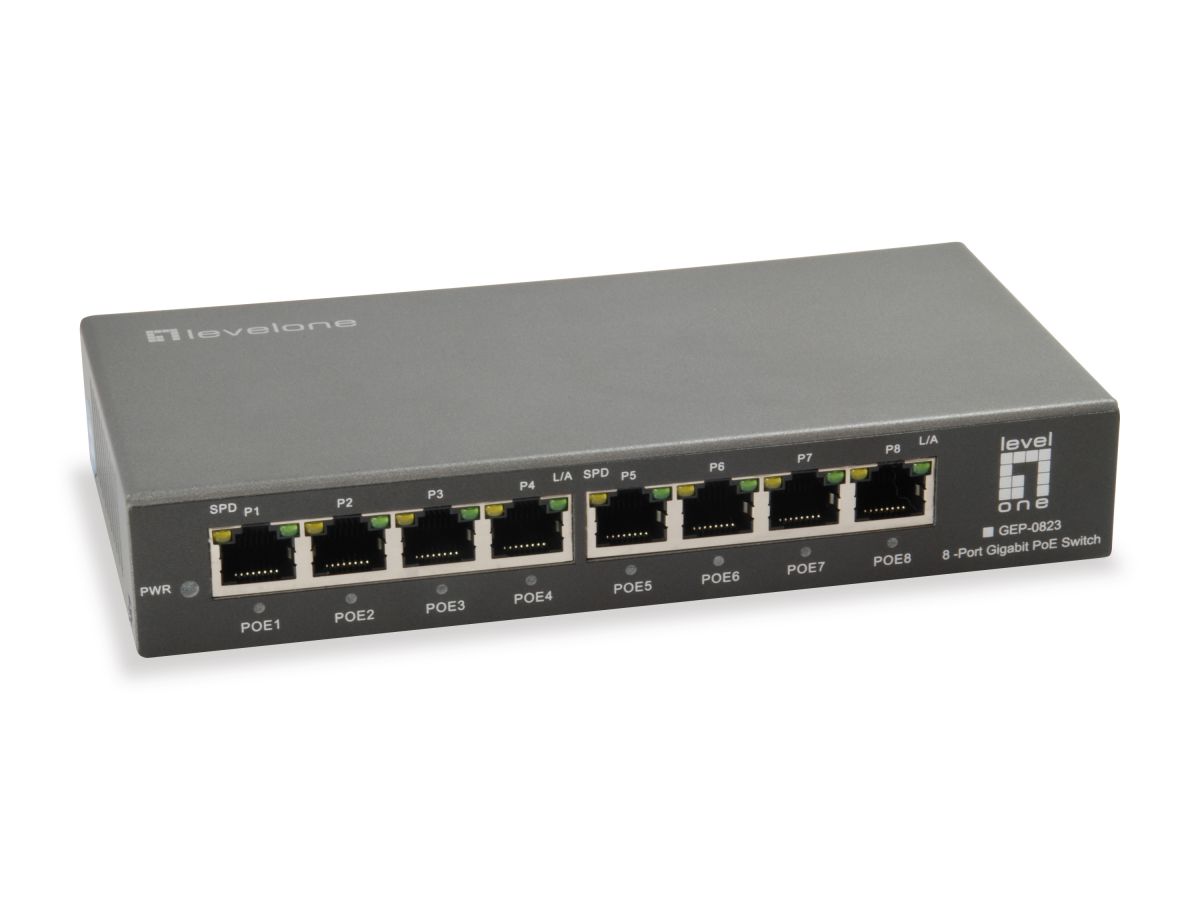 LevelOne GEP-0823 Gigabit Switch 8-Port (8xPoE+ 120W) 10-1000Mbps, Desktop Metallgehäuse LevelOne GEP-0823 Gigabit Switch 8-Port (8xPoE+ 120W) 10-1000Mbps, Desktop Metallgehäuse