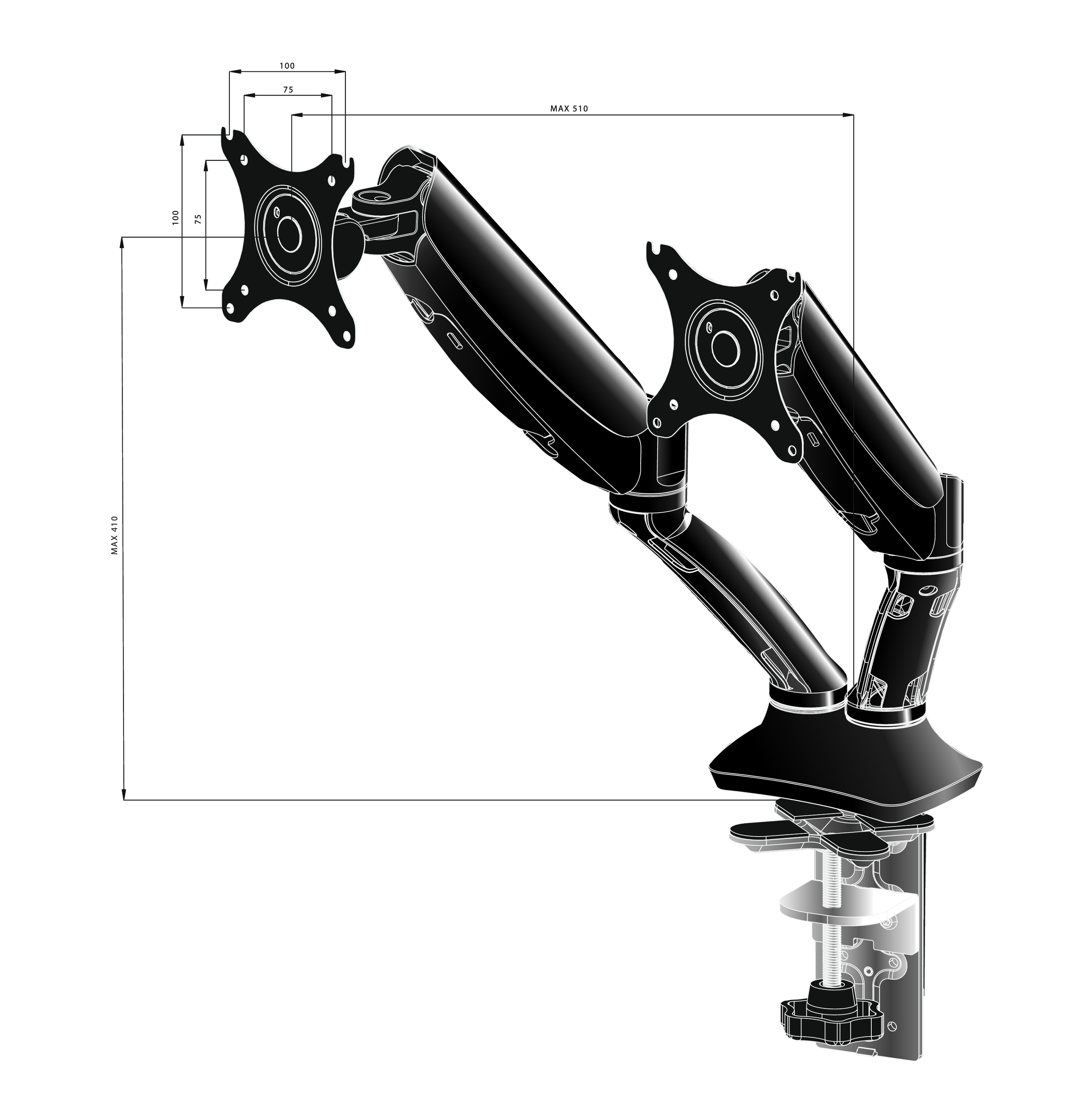 Tischhalterung Iiyama mit Gasdruckfeder und 3Gelenke für 2x TV-/TFT-Displays 33-81cm bis 2x 9kg, VESA 75/100mm, schwarz Tischhalterung Iiyama mit Gasdruckfeder und 3Gelenke für 2x TV-/TFT-Displays 33-81cm bis 2x 9kg, VESA 75/100mm, schwarz