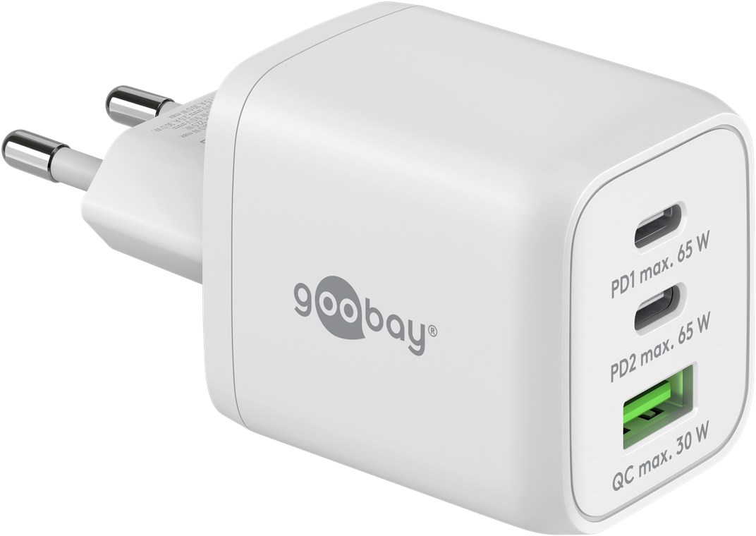 Goobay PD GaN Multiport-Schnellladegerät Nano (65 W) 2x USB-C PD und 1x USB-A QC 3.0, weiß Goobay PD GaN Multiport-Schnellladegerät Nano (65 W) 2x USB-C PD und 1x USB-A QC 3.0, weiß