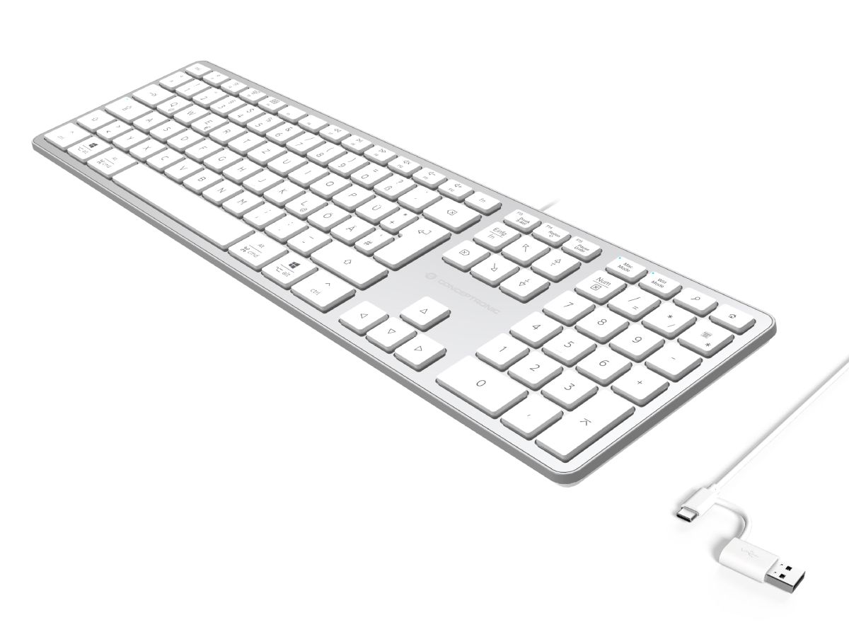 Conceptronic Tastatur slim USB-A/USB-C deutsch, silber/weiss