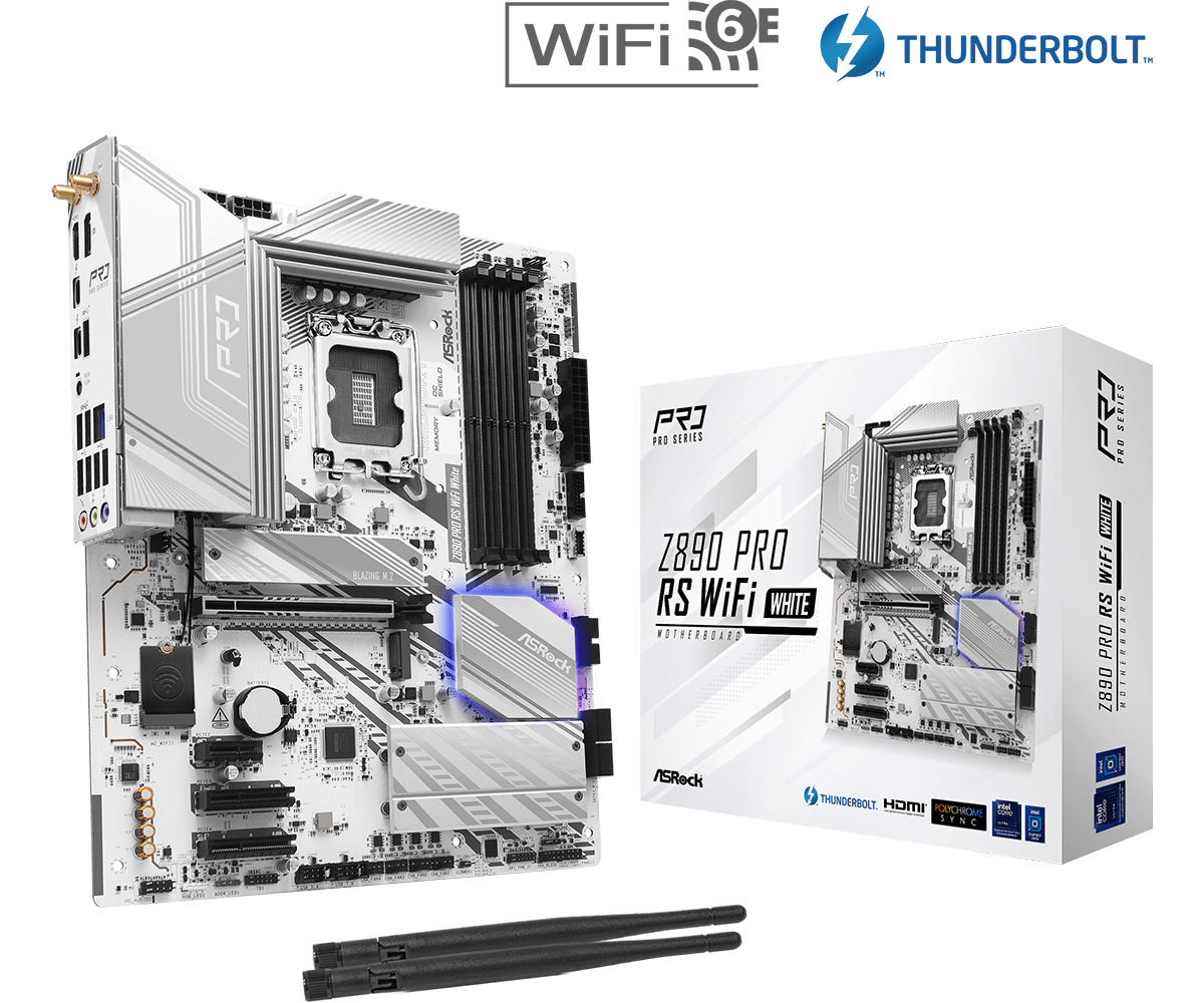 ASRock Z890 Pro RS WiFi White Sockel 1851, 4xDDR5 HDMI / DP / 2xTB / 4x M.2 / ATX ASRock Z890 Pro RS WiFi White Sockel 1851, 4xDDR5 HDMI / DP / 2xTB / 4x M.2 / ATX