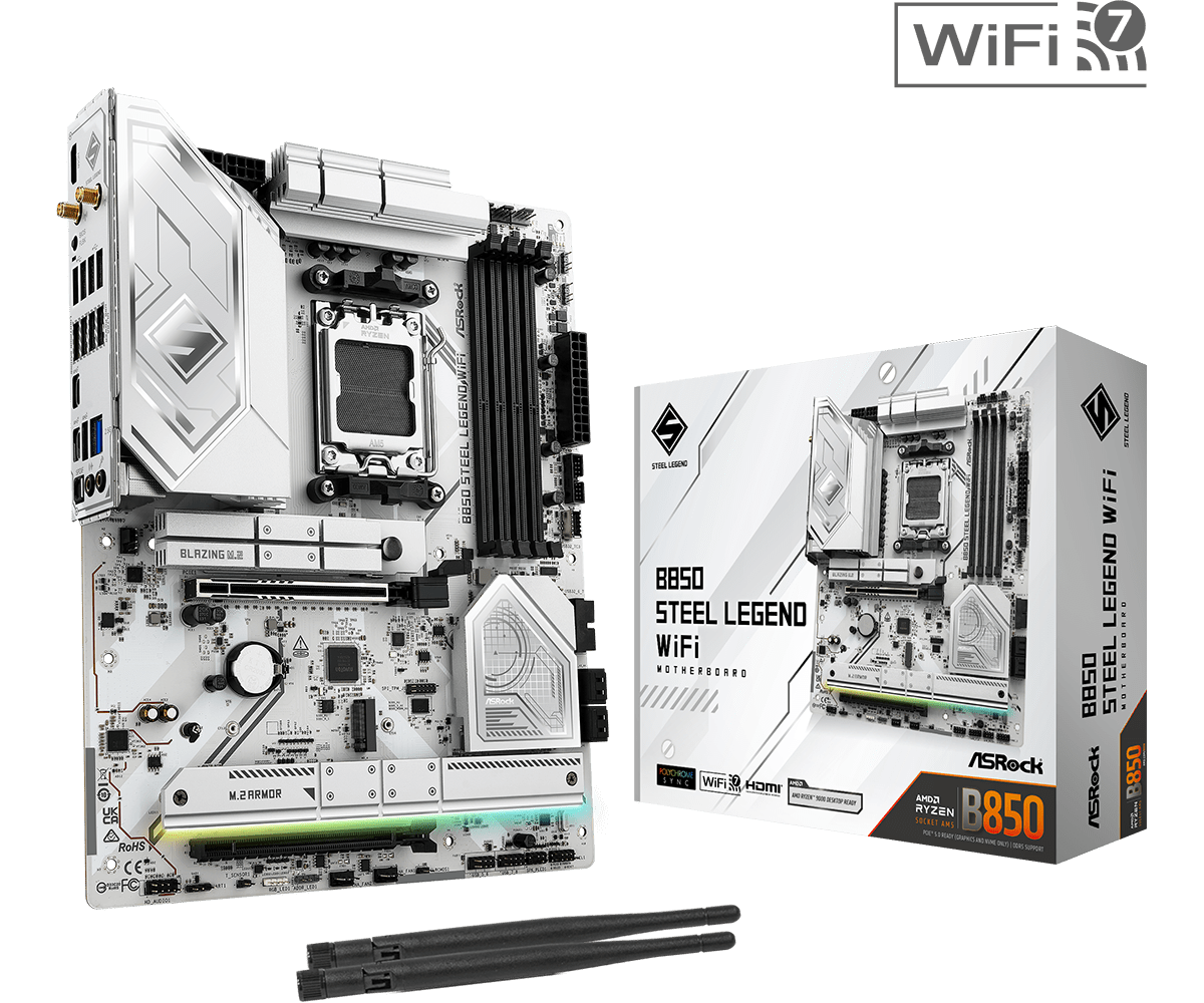 ASRock B850 Steel Legend WiFi Sockel AM5, 4xDDR5 4xM.2 / HDMI , ATX ASRock B850 Steel Legend WiFi Sockel AM5, 4xDDR5 4xM.2 / HDMI , ATX
