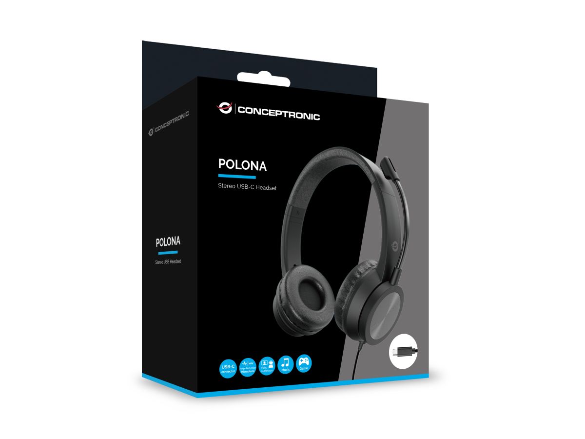 Conceptronic POLONA05C Stereo Headset USB-C mit FB am Kabel, schwarz