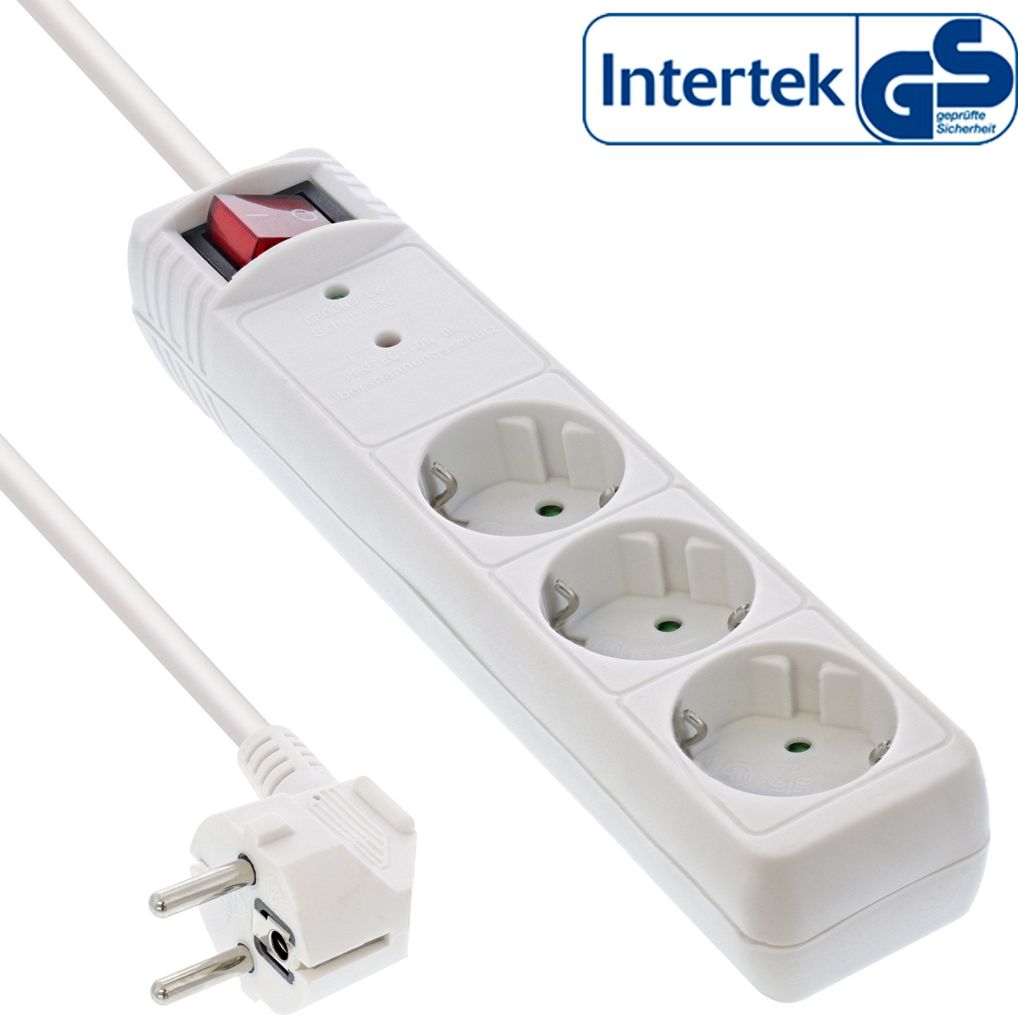 Steckdosenleiste 3-fach 230V  1x Schuko Stecker/3x Schuko Buchse, mit Ü-Schutz und Schalter, 1.5 Meter, weiss