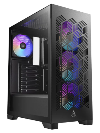 Miditower AzzA Aerohex Gaming Gehäuse ohne Netzteil, USB3/Audio, 4x120er RGB-Lüfter, schwarz