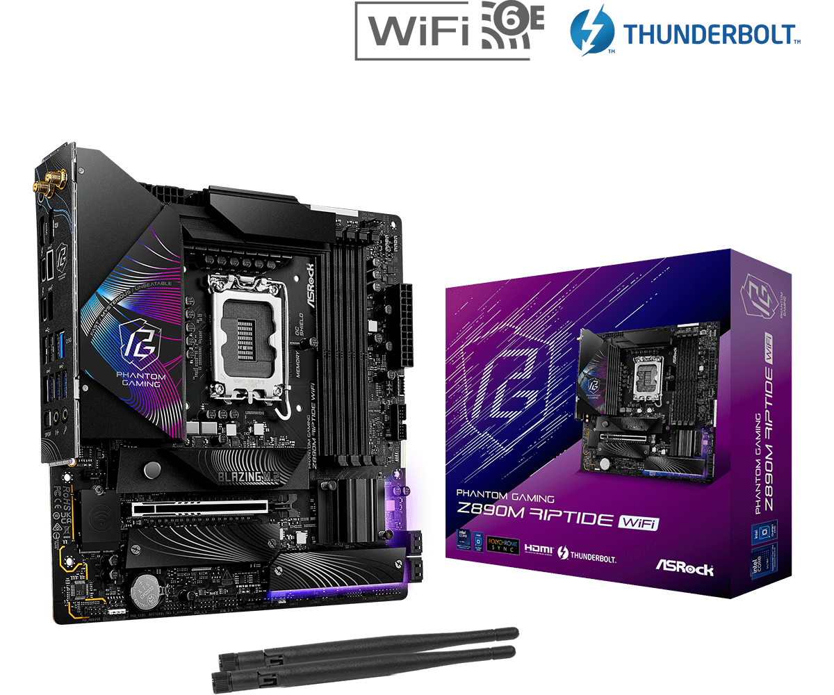 ASRock Z890M Riptide WiFi Sockel 1851, 4xDDR5 HDMI / DP / 2xTB / 3x M.2 / mATX ASRock Z890M Riptide WiFi Sockel 1851, 4xDDR5 HDMI / DP / 2xTB / 3x M.2 / mATX