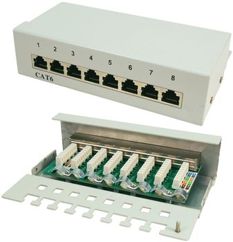 Patch Panel 8-Port RJ-45 CAT-5/-6 10-1000Mbps Desktopgehäuse, hellgrau Patch Panel 8-Port RJ-45 CAT-5/-6 10-1000Mbps Desktopgehäuse, hellgrau