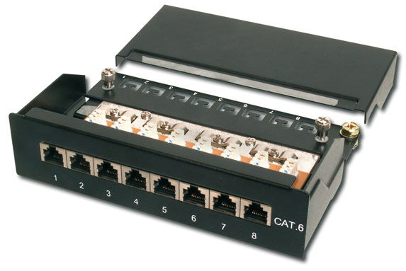 Patch Panel 8-Port RJ-45 CAT-5/-6A 10-1000Mbps Desktopgehäuse, schwarz Patch Panel 8-Port RJ-45 CAT-5/-6A 10-1000Mbps Desktopgehäuse, schwarz