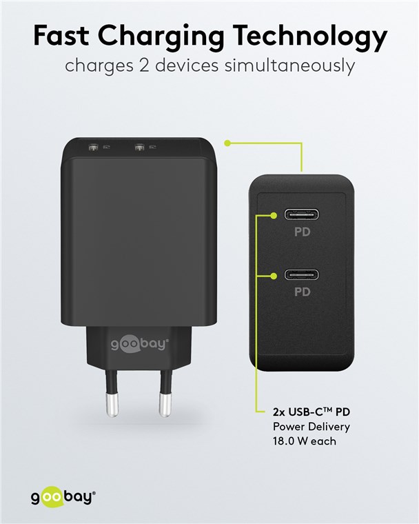 Goobay Dual USB Lade-Adapter 230V auf 2x USB-C PD (36W), schwarz