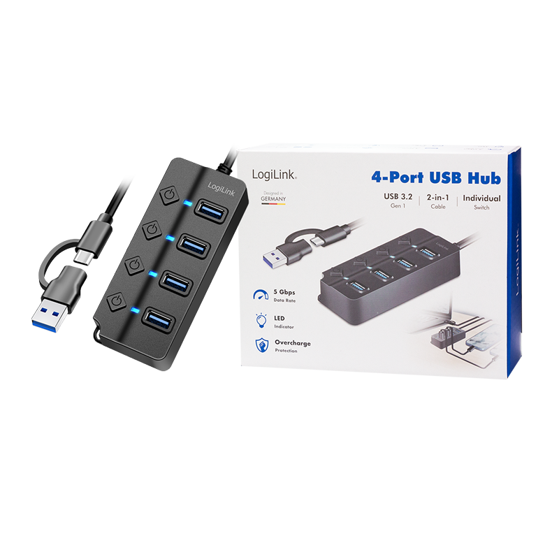 LogiLink USB 3.2 Aktiv-Hub 4 Port einzelnd schaltbar mit Netzteil, schwarz