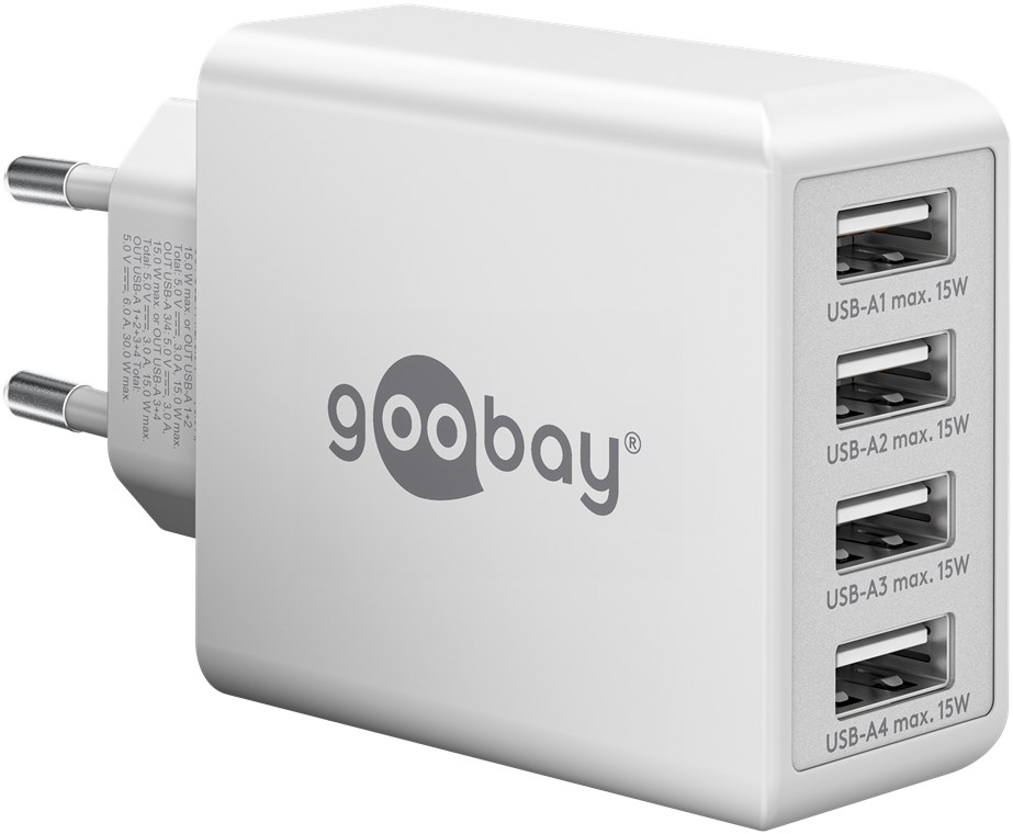 Goobay USB Lade-Adapter 230V auf 4x USB-A Buchse 30 Watt, weiß Goobay USB Lade-Adapter 230V auf 4x USB-A Buchse 30 Watt, weiß