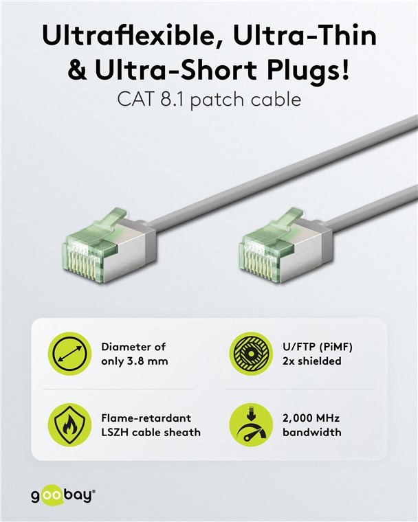 Netzwerk Patchkabel slim 0,25m grau Ultraflexibles Cat 8.1 U/FTP, extra kurze Stecker Netzwerk Patchkabel slim 0,25m grau Ultraflexibles Cat 8.1 U/FTP, extra kurze Stecker