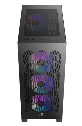 Miditower AzzA Aerohex Gaming Gehäuse ohne Netzteil, USB3/Audio, 4x120er RGB-Lüfter, schwarz