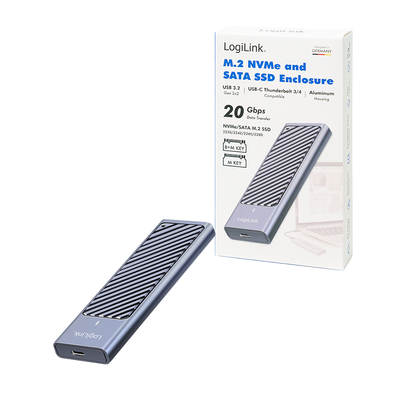 LogiLink USB C 3.2 Gen. 2x2 Gehäuse für M.2 NVMe PCIe SSD Festplatten Alugehäuse, grau