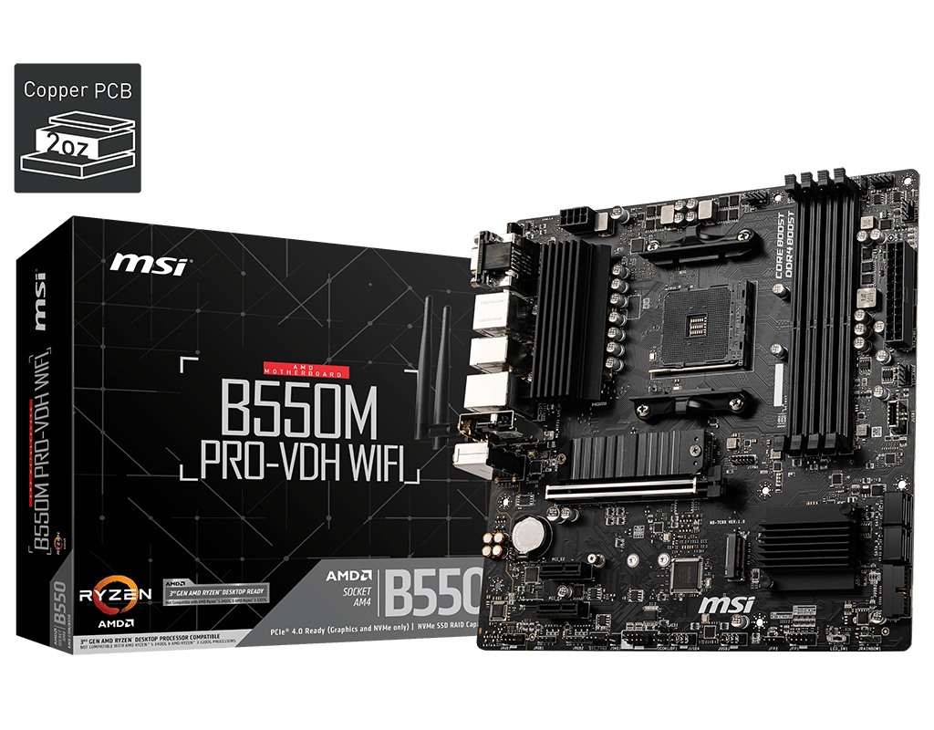 MSI B550M Pro VDH Wifi Sockel AM4, 4xDDR4 2xM.2 HDMI / DP / VGA, mATX