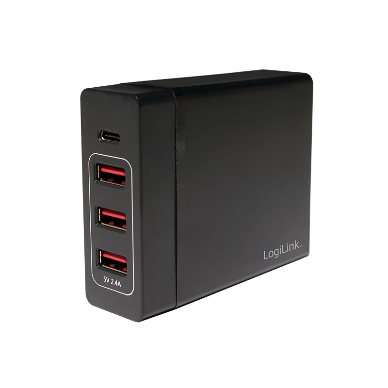 Logilink Quad USB Lade-Adapter 230V auf 3x USB-A + 1x USB-C Buchse 12+60 Watt, schwarz