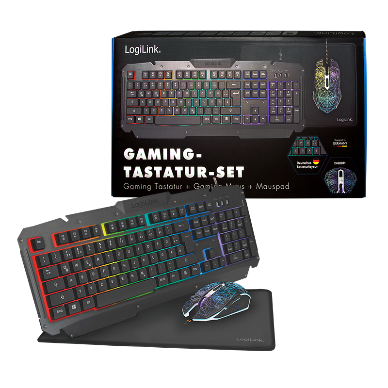LogiLink Gaming-Set aus Tastatur, Maus und Mauspad USB RGB, deutsch, schwarz LogiLink Gaming-Set aus Tastatur, Maus und Mauspad USB RGB, deutsch, schwarz