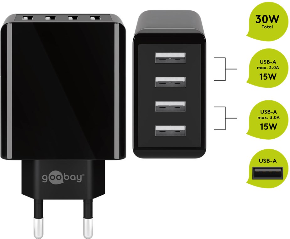 Goobay USB Lade-Adapter 230V auf 4x USB-A Buchse 30 Watt, schwarz Goobay USB Lade-Adapter 230V auf 4x USB-A Buchse 30 Watt, schwarz