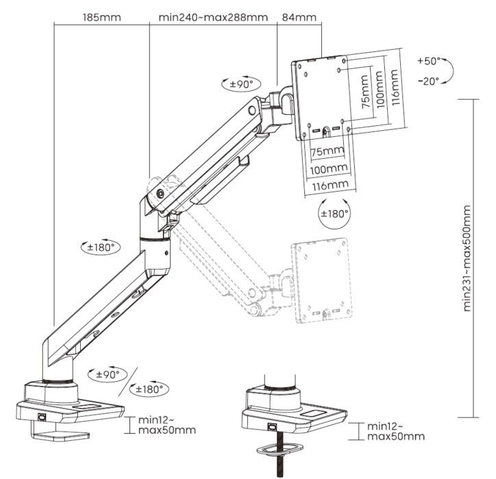 Tischhalterung mit Gasdruckfeder für 1x TV-/TFT-Displays 33-120cm bis 20kg, VESA 75/100mm, schwarz