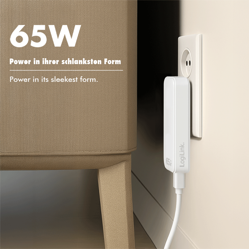 Logilink PD GaN Dual Schnellladegerät Slim (65W) auf USB-C + USB-A, weiß