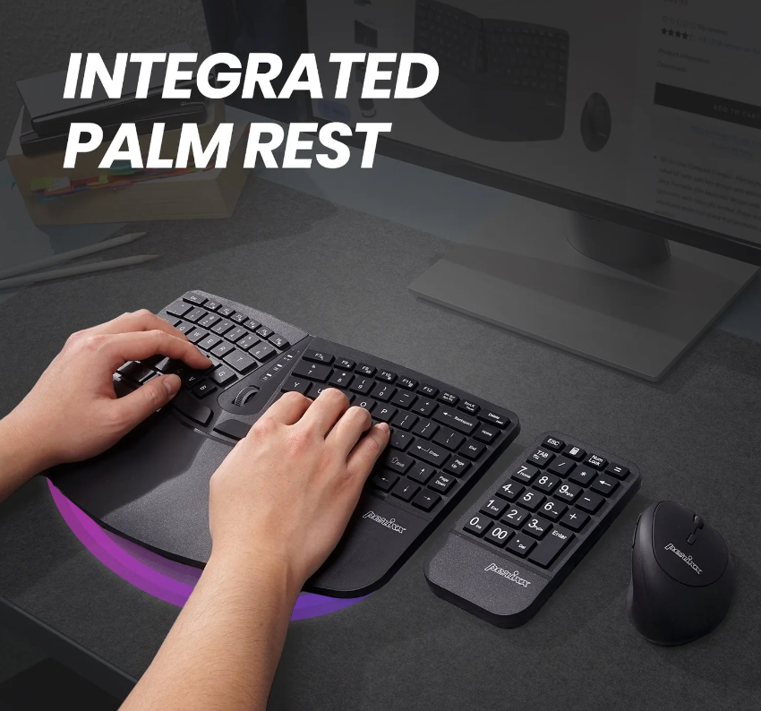 Perixx PERIDUO-606 DE, Kabellose kompakte ergonomische Tastatur, Maus und Ziffernblock, schwarz