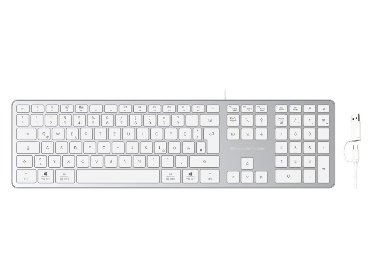 Conceptronic Tastatur slim USB-A/USB-C deutsch, silber/weiss