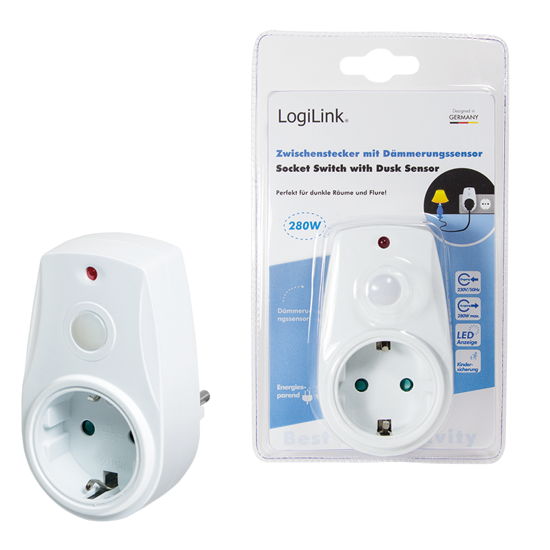 Steckdosenadapter 230V 1x Schuko mit Dämmerungssensor, weiss Steckdosenadapter 230V 1x Schuko mit Dämmerungssensor, weiss