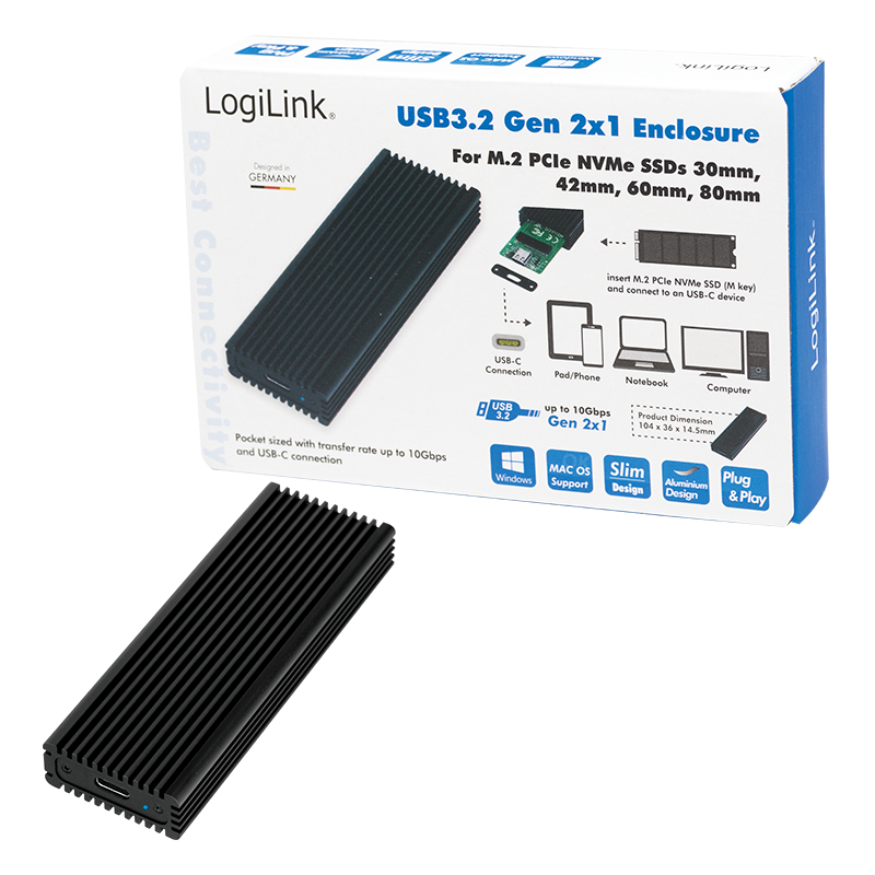 LogiLink USB C 3.2 Gen. 2.1 Gehäuse für M.2 NVMe PCIe SSD Festplatten Alugehäuse, schwarz