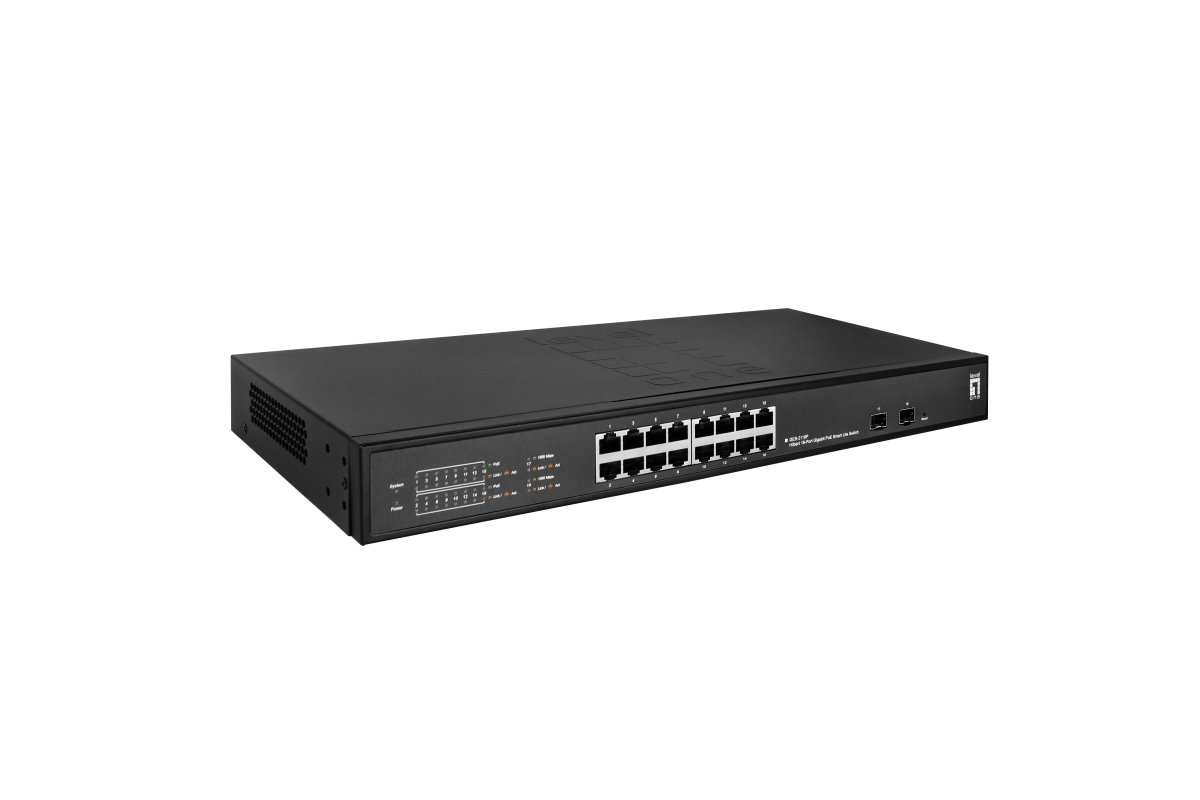 LevelOne GES-2118P Hilbert Gigabit Switch 18-Port (16xPoE+ 230W + 2xSFP) 10-1000Mbps, Desktop/19" Metallgehäuse LevelOne GES-2118P Hilbert Gigabit Switch 18-Port (16xPoE+ 230W + 2xSFP) 10-1000Mbps, Desktop/19" Metallgehäuse