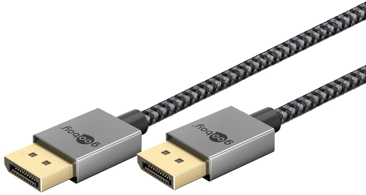 DisplayPort Anschlusskabel Slim 1 Meter 2.0/2.1, 8K/120Hz, Textilmantel + vergoldet DP-Stecker > DP-Stecker, schwarz/grau