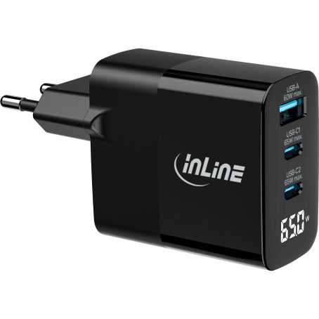 Inline GaN Multiport-Schnellladegerät Nano (65 W) 2x USB-C PD und 1x USB-A QC 3.0, schwarz Inline GaN Multiport-Schnellladegerät Nano (65 W) 2x USB-C PD und 1x USB-A QC 3.0, schwarz
