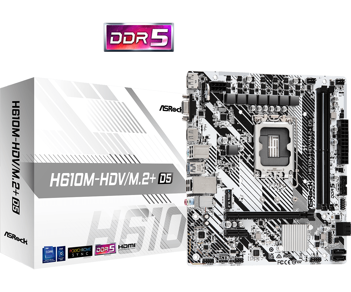 ASRock H610M HDV/M.2+ White Sockel 1700, 2xDDR5 HDMI / DP / VGA / M.2 / mATX ASRock H610M HDV/M.2+ White Sockel 1700, 2xDDR5 HDMI / DP / VGA / M.2 / mATX