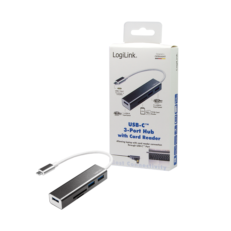 USB C Hub 3-Port + Cardreader - USB 3.1 Typ C-Stecker > 3x USB 3.0 A-Buchse + SD + microSD Slot, silber