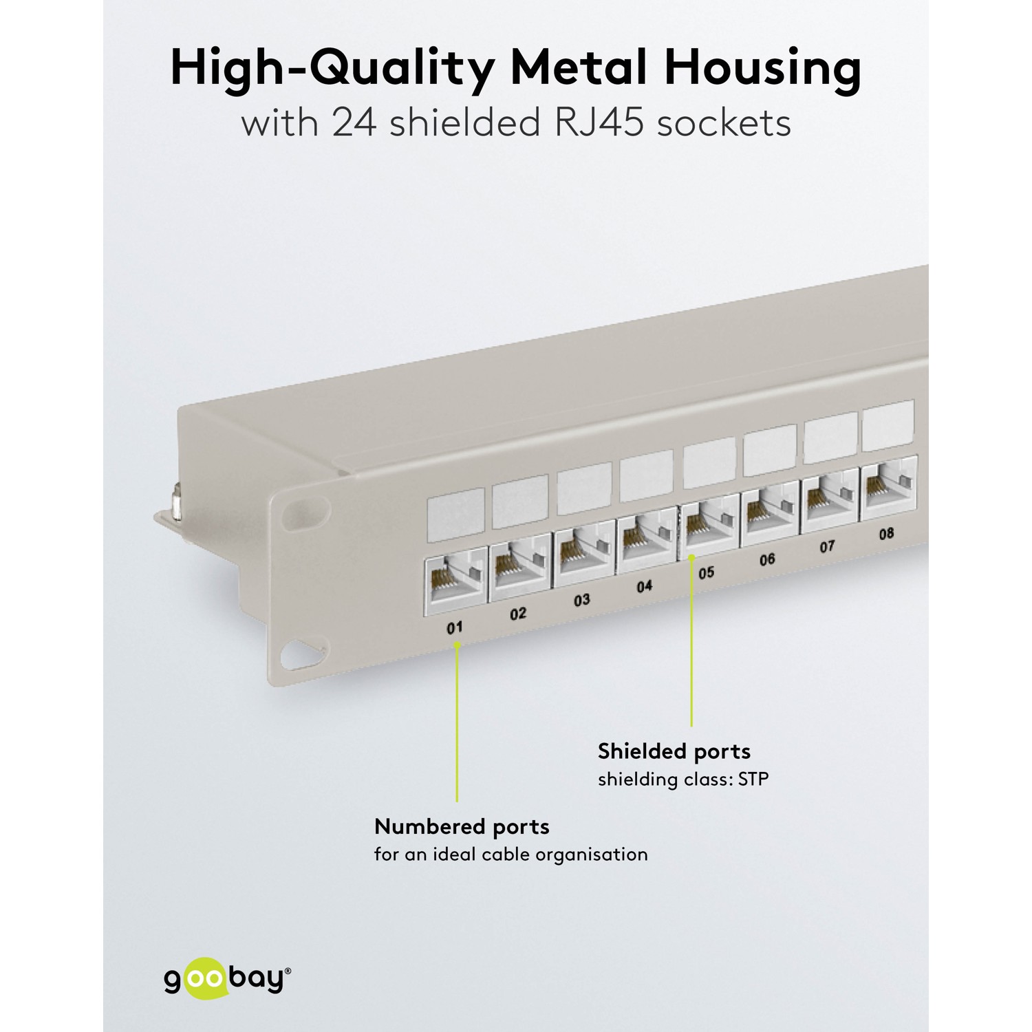 Patch Panel 24-Port RJ-45 CAT-6A  für 19" Industrie-Gehäuse / 1HE, hellgrau