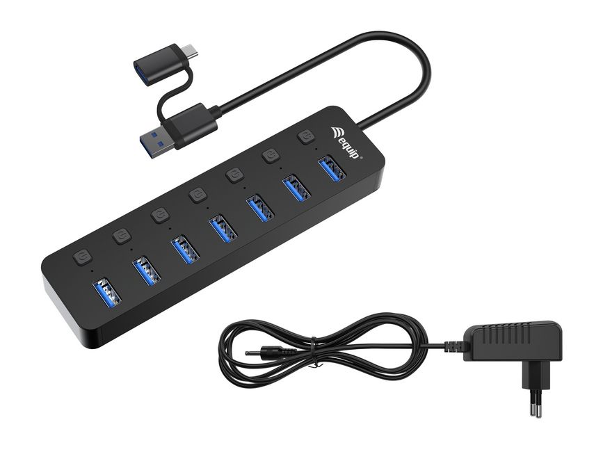 USB A + C Active-Hub 7-Port - USB 3.2 Typ A + C-Stecker > 7x USB 3.2 A-Buchse mit NT