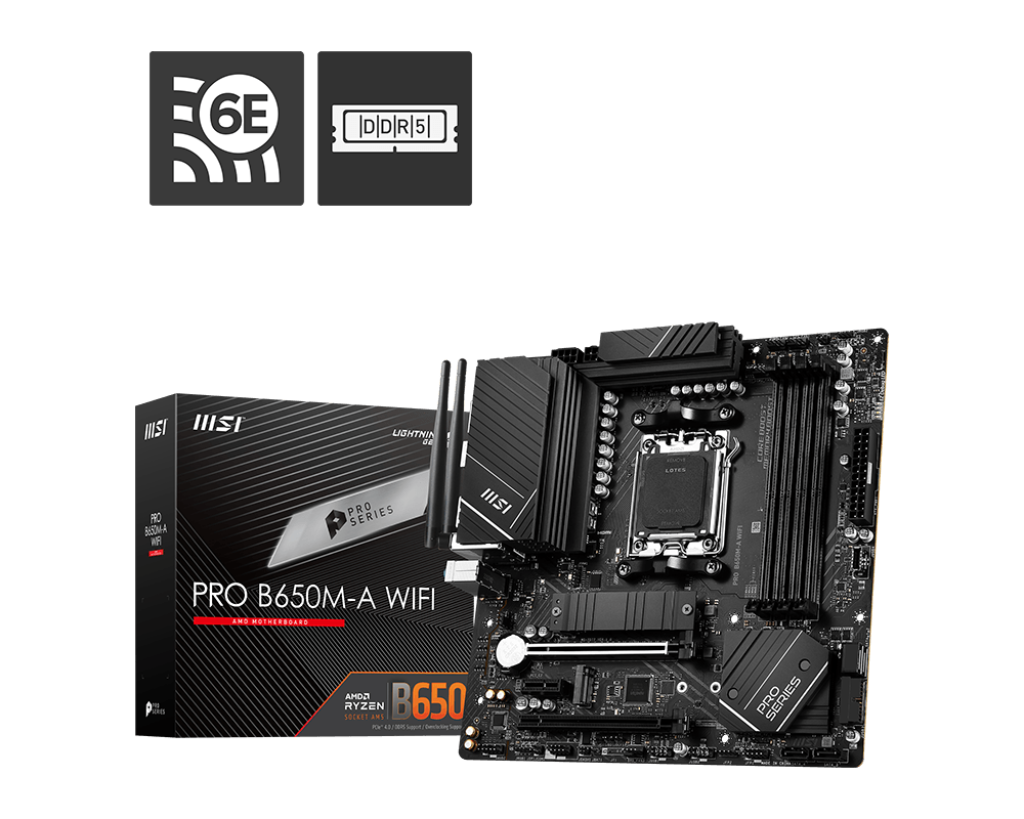 MSI Pro B650M-A WiFi Sockel AM5, 4xDDR5 2xM.2 HDMI / DP, mATX MSI Pro B650M-A WiFi Sockel AM5, 4xDDR5 2xM.2 HDMI / DP, mATX